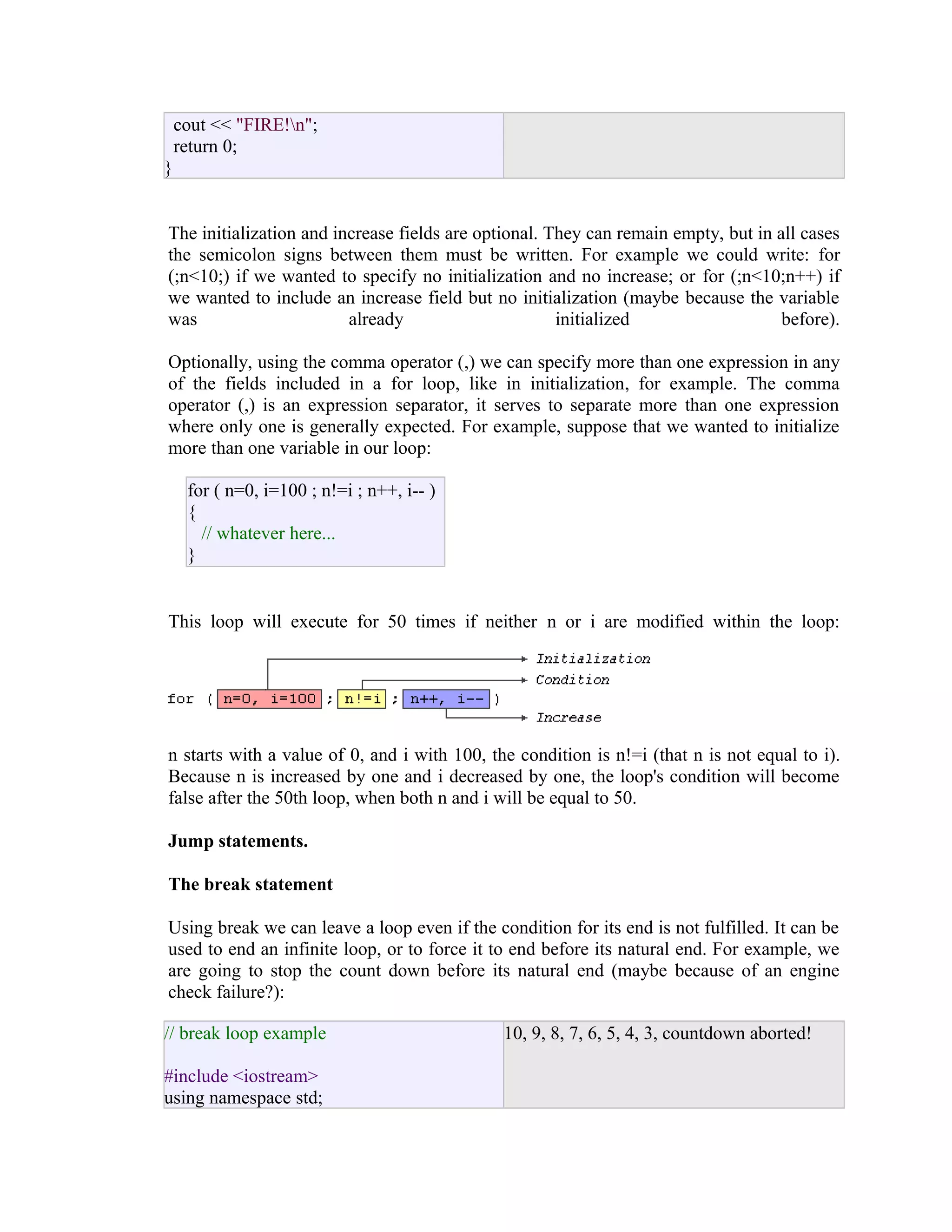 cout << "FIRE!n";
return 0;
}
The initialization and increase fields are optional. They can remain empty, but in all cases
the semicolon signs between them must be written. For example we could write: for
(;n<10;) if we wanted to specify no initialization and no increase; or for (;n<10;n++) if
we wanted to include an increase field but no initialization (maybe because the variable
was
already
initialized
before).
Optionally, using the comma operator (,) we can specify more than one expression in any
of the fields included in a for loop, like in initialization, for example. The comma
operator (,) is an expression separator, it serves to separate more than one expression
where only one is generally expected. For example, suppose that we wanted to initialize
more than one variable in our loop:
for ( n=0, i=100 ; n!=i ; n++, i-- )
{
// whatever here...
}
This loop will execute for 50 times if neither n or i are modified within the loop:

n starts with a value of 0, and i with 100, the condition is n!=i (that n is not equal to i).
Because n is increased by one and i decreased by one, the loop's condition will become
false after the 50th loop, when both n and i will be equal to 50.
Jump statements.
The break statement
Using break we can leave a loop even if the condition for its end is not fulfilled. It can be
used to end an infinite loop, or to force it to end before its natural end. For example, we
are going to stop the count down before its natural end (maybe because of an engine
check failure?):
// break loop example
#include <iostream>
using namespace std;

10, 9, 8, 7, 6, 5, 4, 3, countdown aborted!

 