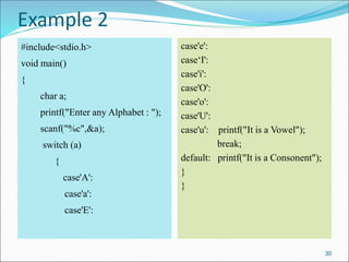 Example 2
#include<stdio.h>
void main()
{
char a;
printf("Enter any Alphabet : ");
scanf("%c",&a);
switch (a)
{
case'A':
case'a':
case'E':
case'e':
case‘I':
case'i':
case'O':
case'o':
case'U':
case'u': printf("It is a Vowel");
break;
default: printf("It is a Consonent");
}
}
30
 