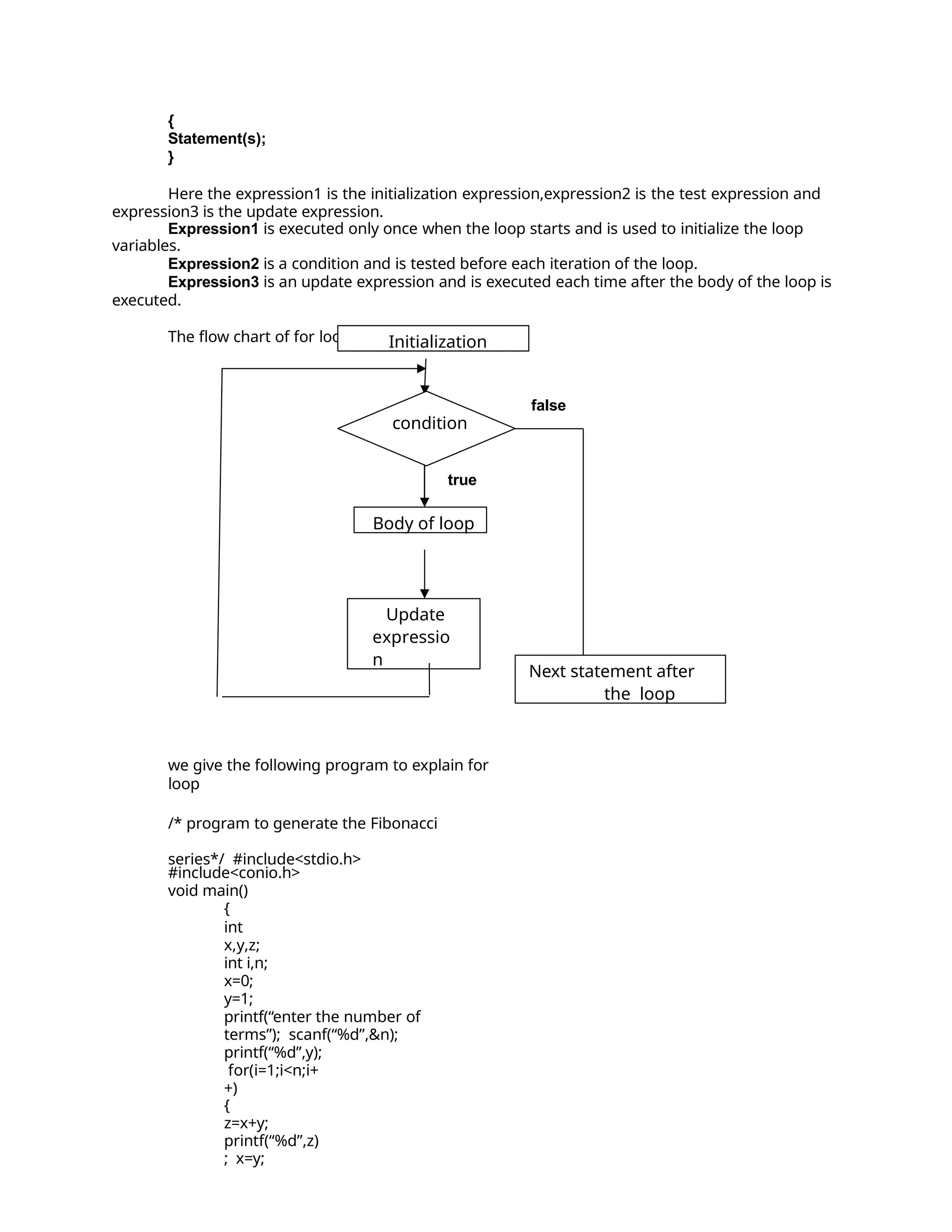 {
Statement(s);
}
Here the expression1 is the initialization expression,expression2 is the test expression and
expression3 is the update expression.
Expression1 is executed only once when the loop starts and is used to initialize the loop
variables.
Expression2 is a condition and is tested before each iteration of the loop.
Expression3 is an update expression and is executed each time after the body of the loop is
executed.
The flow chart of for loop is given as follows:-
we give the following program to explain for
loop
/* program to generate the Fibonacci
series*/ #include<stdio.h>
#include<conio.h>
void main()
{
int
x,y,z;
int i,n;
x=0;
y=1;
printf(“enter the number of
terms”); scanf(“%d”,&n);
printf(“%d”,y);
for(i=1;i<n;i+
+)
{
z=x+y;
printf(“%d”,z)
; x=y;
Initialization
false
condition
true
Body of loop
Update
expressio
n
Next statement after
the loop
 
