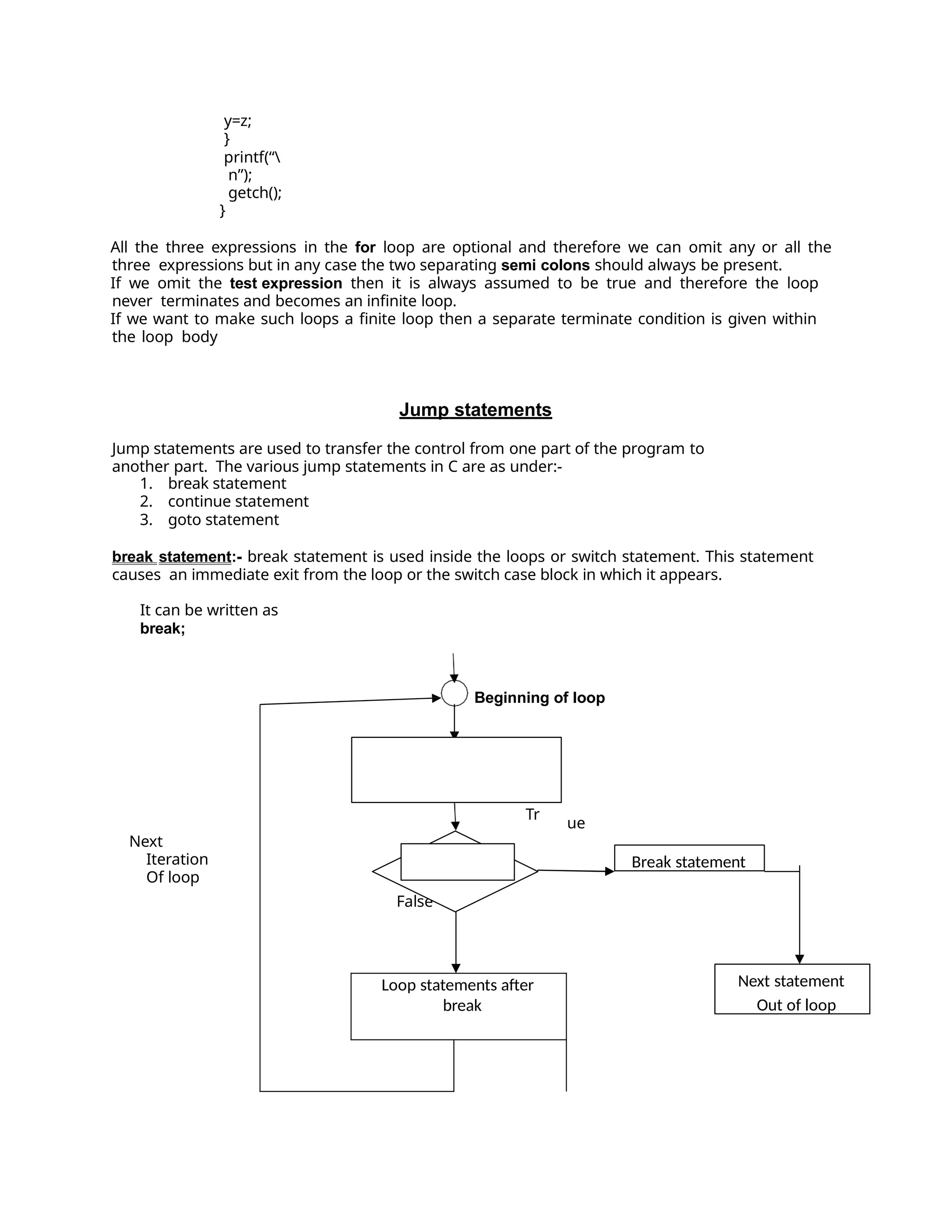 y=z;
}
printf(“
n”);
getch();
}
All the three expressions in the for loop are optional and therefore we can omit any or all the
three expressions but in any case the two separating semi colons should always be present.
If we omit the test expression then it is always assumed to be true and therefore the loop
never terminates and becomes an infinite loop.
If we want to make such loops a finite loop then a separate terminate condition is given within
the loop body
Jump statements
Jump statements are used to transfer the control from one part of the program to
another part. The various jump statements in C are as under:-
1. break statement
2. continue statement
3. goto statement
break statement:- break statement is used inside the loops or switch statement. This statement
causes an immediate exit from the loop or the switch case block in which it appears.
It can be written as
break;
Beginning of loop
ue
Loop statements before
break
Tr
condition
False
Loop statements after
break
Next
Iteration
Of loop
Break statement
Next statement
Out of loop
 