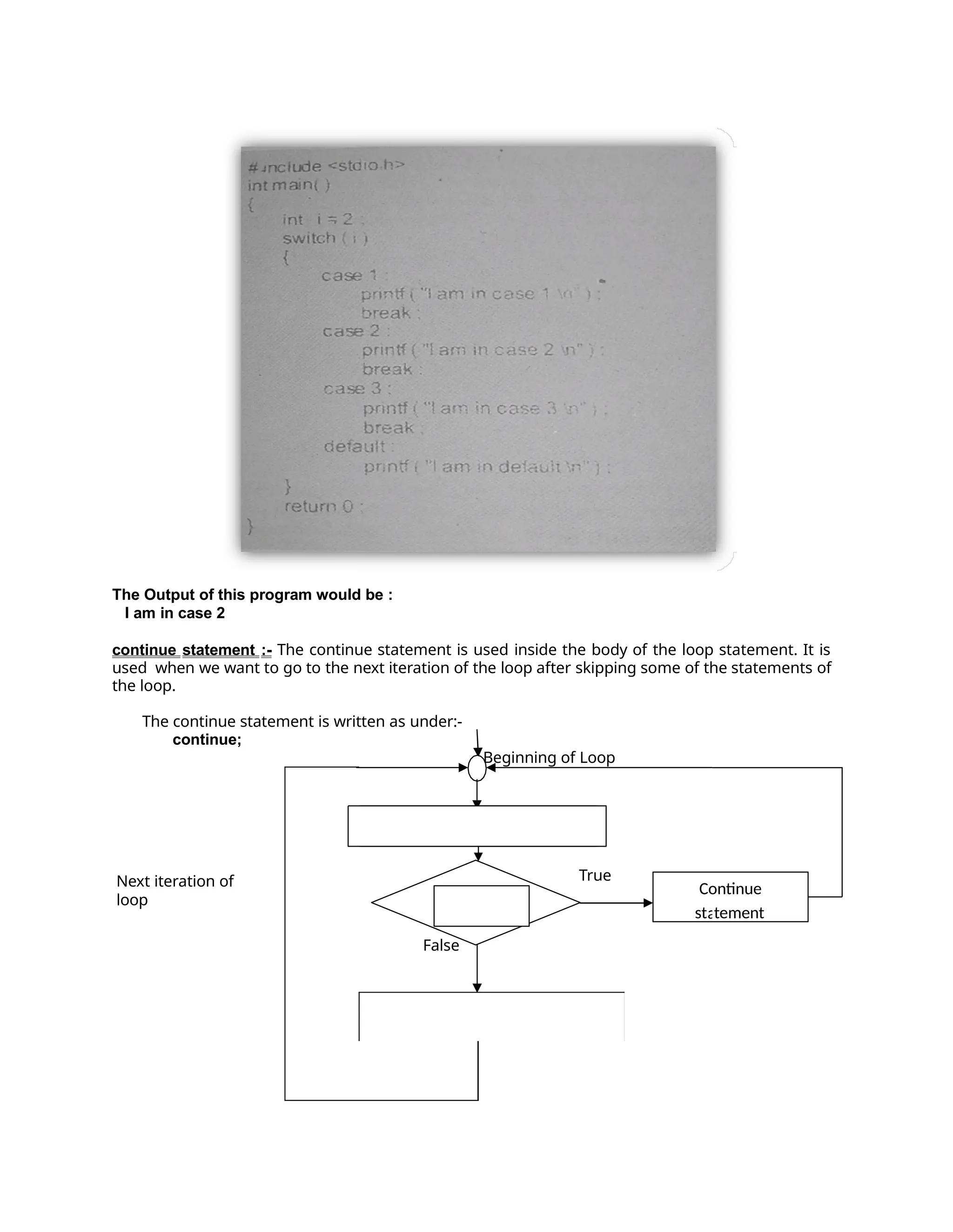 Next iteration of
loop
Loop statements before continue
True
Condition
False
Loop statements after continue
a
The Output of this program would be :
I am in case 2
continue statement :- The continue statement is used inside the body of the loop statement. It is
used when we want to go to the next iteration of the loop after skipping some of the statements of
the loop.
The continue statement is written as under:-
continue;
Beginning of Loop
Continue
st tement
 