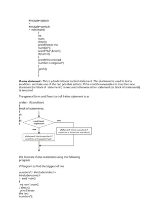 #include<stdio.h
>
#include<conio.h
> void main()
{
int
num;
clrscr();
printf(“enter the
number”);
scanf(“%d”,&num);
if(num<0)
{
printf(“the entered
number is negative”);
}
getch();
}
}
if- else statement:- This is a bi-directional control statement. This statement is used to test a
condition and take one of the two possible actions. If the condition evaluates to true then one
statement (or block of statements) is executed otherwise other statement (or block of statements)
is executed.
The general form and flow chart of if-else statement is as
under:- if(condition)
{
block of statements;
}
else
{
block of statements;
}
We illustrate if-else statement using the following
program
/*Program to find the biggest of two
numbers*/ #include<stdio.h>
#include<conio.h
> void main()
{
int num1,num2
; clrscr();
printf(“enter
the two
numbers”);
 