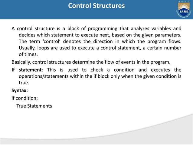 Control Structures Python like conditions and loops | PPT