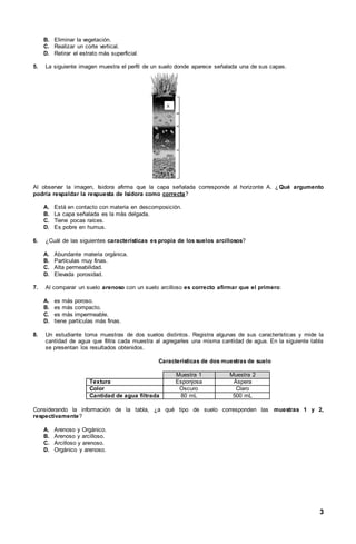 3
B. Eliminar la vegetación.
C. Realizar un corte vertical.
D. Retirar el estrato más superficial.
5. La siguiente imagen muestra el perfil de un suelo donde aparece señalada una de sus capas.
Al observar la imagen, Isidora afirma que la capa señalada corresponde al horizonte A. ¿Qué argumento
podría respaldar la respuesta de Isidora como correcta?
A. Está en contacto con materia en descomposición.
B. La capa señalada es la más delgada.
C. Tiene pocas raíces.
D. Es pobre en humus.
6. ¿Cuál de las siguientes características es propia de los suelos arcillosos?
A. Abundante materia orgánica.
B. Partículas muy finas.
C. Alta permeabilidad.
D. Elevada porosidad.
7. Al comparar un suelo arenoso con un suelo arcilloso es correcto afirmar que el primero:
A. es más poroso.
B. es más compacto.
C. es más impermeable.
D. tiene partículas más finas.
8. Un estudiante toma muestras de dos suelos distintos. Registra algunas de sus características y mide la
cantidad de agua que filtra cada muestra al agregarles una misma cantidad de agua. En la siguiente tabla
se presentan los resultados obtenidos.
Características de dos muestras de suelo
Muestra 1 Muestra 2
Textura Esponjosa Áspera
Color Oscuro Claro
Cantidad de agua filtrada 80 mL 500 mL
Considerando la información de la tabla, ¿a qué tipo de suelo corresponden las muestras 1 y 2,
respectivamente?
A. Arenoso y Orgánico.
B. Arenoso y arcilloso.
C. Arcilloso y arenoso.
D. Orgánico y arenoso.
 