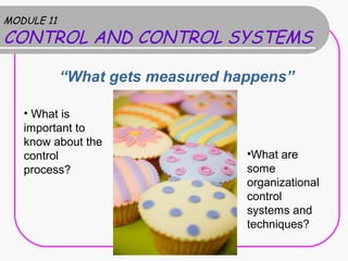MODULE 11
CONTROL AND CONTROL SYSTEMS

            “What gets measured happens”

   • What is
   important to
   know about the
   control                        •What are
   process?                       some
                                  organizational
                                  control
                                  systems and
                                  techniques?
 