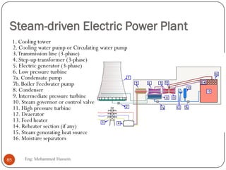 Steam-driven Electric Power Plant
1. Cooling tower
2. Cooling water pump or Circulating water pump
3.Transmission line (3-phase)
4. Step-up transformer (3-phase)
5. Electric generator (3-phase)
6. Low pressure turbine
7a. Condensate pump
7b. Boiler Feedwater pump
8. Condenser
9. Intermediate pressure turbine
10. Steam governor or control valve
11. High pressure turbine
12. Deaerator
13. Feed heater
14. Reheater section (if any)
15. Steam generating heat source
16. Moisture separators
85 Eng: Mohammed Hussein
 