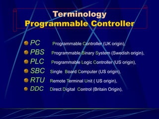 TerminologyProgrammable Controller 
PCProgrammable Controller (UK origin), 
PBSProgrammable Binary System (Swedish origin), 
PLCProgrammable Logic Controller (US origin), 
SBCSingle Board Computer (US origin), 
RTURemote Terminal Unit ( US origin), 
DDCDirect Digital Control (Britain Origin),  