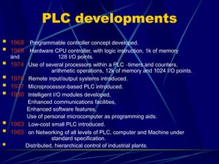 PLC developments 
 1968Programmable controller concept developed. 
 1969Hardware CPU controller, with logic instruction, 1k of memory and 128 I/O points. 
 1974Use of several processors within a PLC –timers and counters, arithmetic operations, 12k of memory and 1024 I/O points. 
 1976Remote input/output systems introduced. 
 1977Microprocessor-based PLC introduced. 
 1980Intelligent I/O modules developed, 
Enhanced communications facilities, 
Enhanced software features, 
Use of personal microcomputer as programming aids. 
 1983Low-cost small PLC introduced. 
 1985on Networking of all levels of PLC, computer and Machine under standard specification. 
 Distributed, hierarchical control of industrial plants.  
