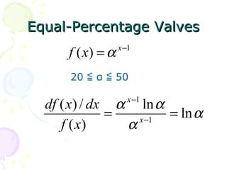 Equal-Percentage ValvesEqual-Percentage Valves
20 α 50≦ ≦
1
)( −
= x
xf α
α
α
αα
ln
ln
)(
/)(
1
1
== −
−
x
x
xf
dxxdf
 
