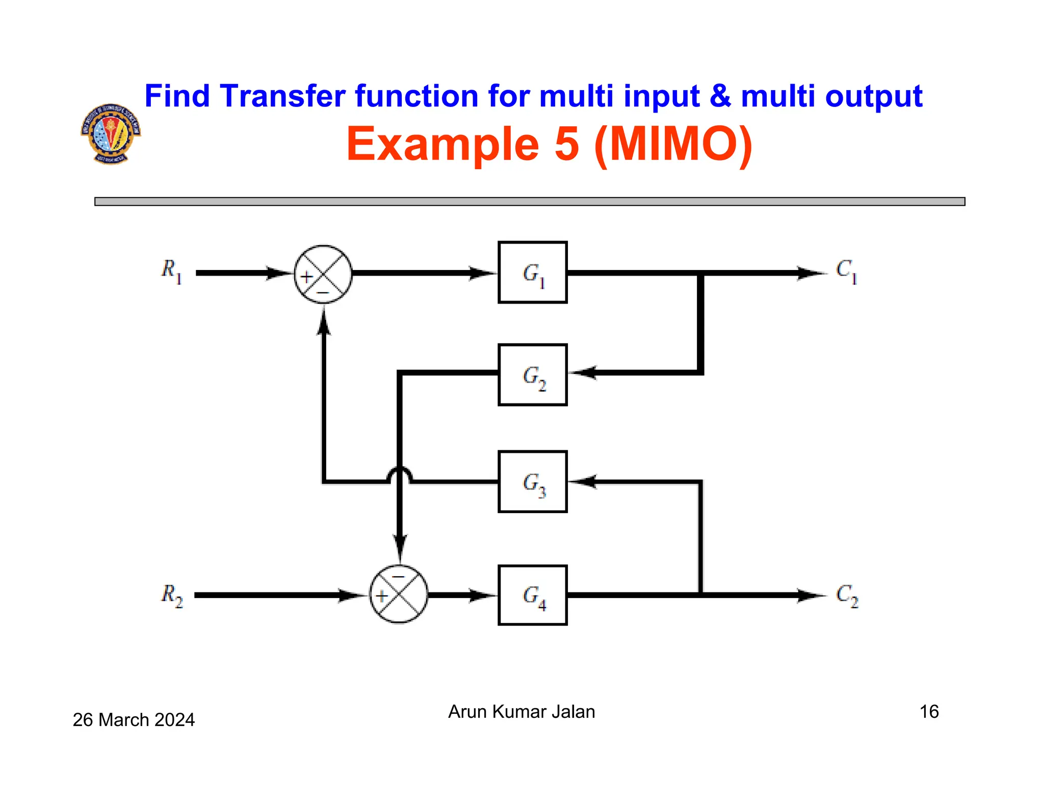 26 March 2024 Arun Kumar Jalan 16
Find Transfer function for multi input & multi output
Example 5 (MIMO)
 