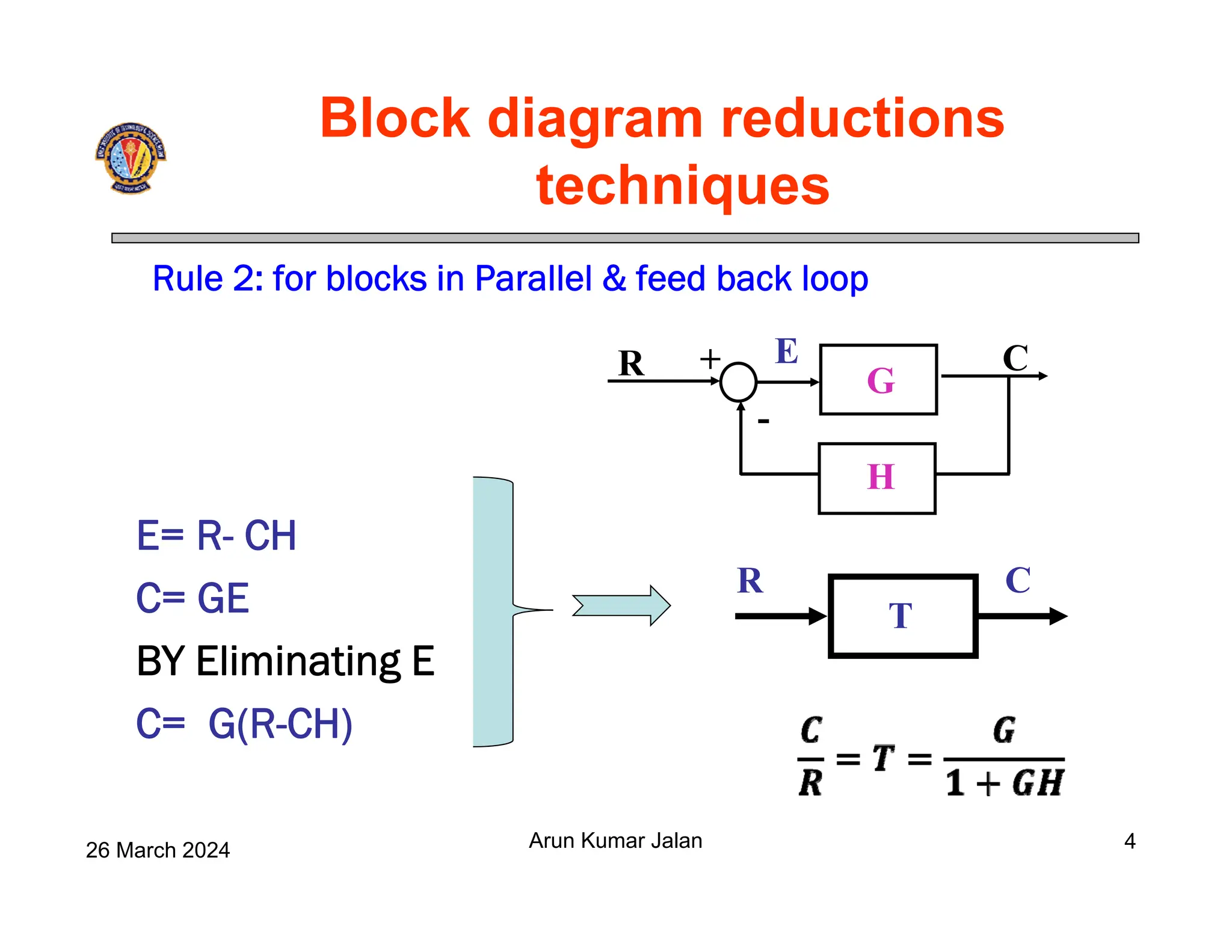 Block diagram reductions
techniques
26 March 2024 Arun Kumar Jalan
E= R- CH
C= GE
BY Eliminating E
C= G(R-CH)
Rule 2: for blocks in Parallel & feed back loop
T
C
R
G
H
+
-
C
R E
4
 