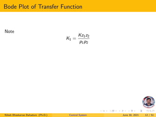 Bode Plot of Transfer Function
Note
K1 =
Kz1z2
p1p2
Nilesh Bhaskarrao Bahadure (Ph.D.) Control System June 30, 2021 12 / 51
 