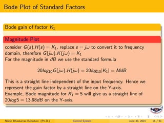 Bode Plot of Standard Factors
Bode gain of factor K1
Magnitude Plot
consider G(s).H(s) = K1, replace s = jω to convert it to frequency
domain, therefore G(jω).K(jω) = K1
For the magnitude in dB we use the standard formula
20log10G(jω).H(jω) = 20log10|K1| = MdB
This is a straight line independent of the input frequency. Hence we
represent the gain factor by a straight line on the Y-axis.
Example, Bode magnitude for K1 = 5 will give us a straight line of
20log5 = 13.98dB on the Y-axis.
Nilesh Bhaskarrao Bahadure (Ph.D.) Control System June 30, 2021 14 / 51
 