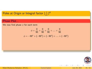 Poles at Origin or Integral factor ( 1
jω
)K
Phase Plot...
We now find phase φ for each term
φ =
0
90
+
0
90
+
0
90
+ .... +
0
90
φ = −90o
+ (−90o
) + (−90o
) + .... + (−90o
)
Nilesh Bhaskarrao Bahadure (Ph.D.) Control System June 30, 2021 19 / 51
 
