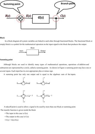 Block
In a block diagram all system variables are linked to each other through functional blocks. The functional block or
simply block is a symbol for the mathematical operation on the input signal to the block that produces the output.
Summing point
Although blocks are used to identify many types of mathematical operations, operations of addition and
subtraction are represented by a circle, called a summing point. As shown in Figure a summing point may have one or
several inputs. Each input has its own appropriate plus or minus sign.
A summing point has only one output and is equal to the algebraic sum of the inputs.
A takeoff point is used to allow a signal to be used by more than one block or summing point.
The transfer function is given inside the block
• The input in this case is E(s)
• The output in this case is C(s)
• C(s) = G(s) E(s)
+
―
-
G(s)
Summing point Branch point
 