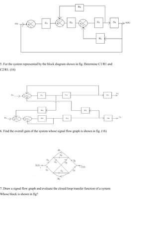 5. For the system represented by the block diagram shown in fig. Determine C1/R1 and
C2/R1. (16)
6. Find the overall gain of the system whose signal flow graph is shown in fig. (16)
7. Draw a signal flow graph and evaluate the closed loop transfer function of a system
Whose block is shown in fig?
 