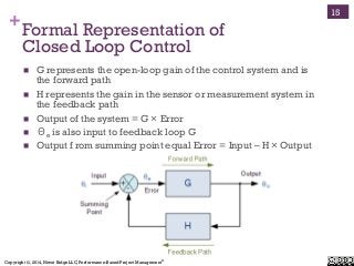 Copyright ©, 2014, Niwot Ridge LLC, Performance-Based Project Management®
+Formal Representation of
Closed Loop Control
!  G represents the open-loop gain of the control system and is
the forward path
!  H represents the gain in the sensor or measurement system in
the feedback path
!  Output of the system = G × Error
!  Θe is also input to feedback loop G
!  Output f rom summing point equal Error = Input – H × Output
15
 