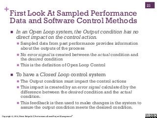 Copyright ©, 2014, Niwot Ridge LLC, Performance-Based Project Management®
+First Look At Sampled Performance
Data and Software Control Methods
!  In an Open Loop system,the Output condition has no
direct impact on the control action.
!  Sampled data from past performance provides information
about the outputs of the process
!  No error signal is created between the actual condition and
the desired condition
!  This is the definition of Open Loop Control
!  To have a Closed Loop control system
!  The Output condition must impact the control actions
!  This impact is created by an error signal calculated by the
difference between the desired condition and the actual
condition.
!  This feedback is then used to make changes in the system to
assure the output condition meets the desired condition.
21
 