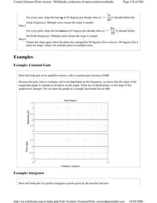 For every zero, slope the line up at 45 degrees per decade when (1 decade before the
break frequency). Multiple zeros means the slope is steeper.
Step 3
For every pole, slope the line down at 45 degrees per decade when (1 decade before
the break frequency). Multiple poles means the slope is steeper.
Step 4
Flatten the slope again when the phase has changed by 90 degrees (for a zero) or -90 degrees (for a
pole) (or larger values, for multiple poles or multiple zeros.
Examples
Example: Constant Gain
Draw the bode plot of an amplifier system, with a constant gain increase of 6dB.
Because the gain value is constant, and is not dependant on the frequency, we know that the value of the
magnitude graph is constant at all places on the graph. There are no break points, so the slope of the
graph never changes. We can draw the graph as a straight, horizontal line at 6dB:
Example: Integrator
Draw the bode plot of a perfect integrator system given by the transfer function:
Page 118 of 209Control Systems/Print version - Wikibooks, collection of open-content textbooks
10/30/2006http://en.wikibooks.org/w/index.php?title=Control_Systems/Print_version&printable=yes
 