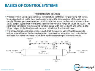 Page 18Classification: Restricted
BASICS OF CONTROL SYSTEMS
PROPORTIONAL CONTROL
• Process system using a proportional temperature controller for providing hot water.
Steam is admitted to the heat exchanger to raise the temperature of the cold water
supply. The temperature detector monitors the hot water outlet and produces a 3 to
15 psi output signal that represents a controlled variable range of 100oF to 300oF. The
controller compares the measured variable signal with the set point and sends a 3 to
15 psi output to the final control element, which is a 3-in control valve.
• The proportional controller action is such that the control valve throttles down to
reduce steam flow as the hot water outlet temperature increases; the control valve
will open further to increase steam flow as the water temperature decreases.
 