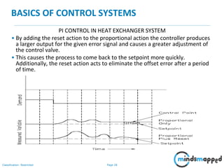 Page 28Classification: Restricted
BASICS OF CONTROL SYSTEMS
PI CONTROL IN HEAT EXCHANGER SYSTEM
• By adding the reset action to the proportional action the controller produces
a larger output for the given error signal and causes a greater adjustment of
the control valve.
• This causes the process to come back to the setpoint more quickly.
Additionally, the reset action acts to eliminate the offset error after a period
of time.
 