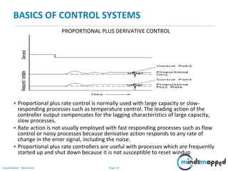 Page 32Classification: Restricted
BASICS OF CONTROL SYSTEMS
PROPORTIONAL PLUS DERIVATIVE CONTROL
• Proportional plus rate control is normally used with large capacity or slow-
responding processes such as temperature control. The leading action of the
controller output compensates for the lagging characteristics of large capacity,
slow processes.
• Rate action is not usually employed with fast responding processes such as flow
control or noisy processes because derivative action responds to any rate of
change in the error signal, including the noise.
• Proportional plus rate controllers are useful with processes which are frequently
started up and shut down because it is not susceptible to reset windup
 