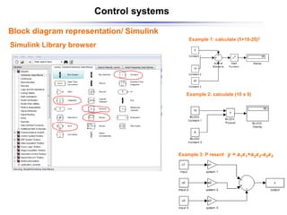 y = a1x1+a2x2-a3x3
Control systems
Block diagram representation/ Simulink
Simulink Library browser
Example 1: calculate (5+10-20)2
Example 2: calculate (10 x 9)
Example 3: P resent
 