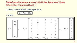 State-Space Representation of nth-Order Systems of Linear
Differential Equations (Cont.)
 Then, the stat-space state equation is
 where
13
 