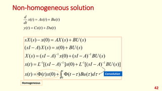 Non-homogeneous solution
42
)
(
)
(
)
(
)
(
)
(
)
(
t
Du
t
Cx
t
y
t
Bu
t
Ax
t
x
dt
d




 
























t
d
Bu
t
x
t
t
x
s
BU
A
sI
L
x
A
sI
L
t
x
s
BU
A
sI
x
A
sI
s
X
s
BU
x
s
X
A
sI
s
BU
s
AX
x
s
sX
0
1
1
1
1
1
1
)
(
)
(
)
0
(
)
(
)
(
)]
(
)
[(
)
0
(
]
)
[(
)
(
)
(
)
(
)
0
(
)
(
)
(
)
(
)
0
(
)
(
)
(
)
(
)
(
)
0
(
)
(


 Convolution
Homogeneous
 