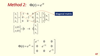 Method 2:
47
At
e
t 
 )
(
 





































































3
2
1
2
1
2
1
3
2
1
3
2
1
1
6
6
)
(
)
(
1
1
1
3
0
0
0
2
0
0
0
1
x
x
x
t
y
t
y
u
u
x
x
x
x
x
x



















t
t
t
At
e
e
e
e
t
3
2
0
0
0
0
0
0
)
(
diagonal matrix
 