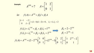58








1
0
2
1
?
100
A
A
Example:
A
I
A
A
f
let 1
0
100
)
( 
 


2
,
1
,
0
)
2
)(
1
(
2
0
2
1
2
1 














100
2
1
0
100
2
2
100
1
1
0
100
1
1
2
)
(
1
)
(


















f
f
1
2
2
2
100
1
100
0











 


















1
0
2
2
1
1
0
2
1
)
1
2
(
1
0
0
1
)
2
2
(
)
(
101
100
100
100
A
A
f
 