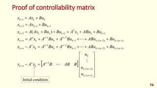 Proof of controllability matrix
74
 



































































)
1
(
)
2
(
1
)
1
(
)
2
(
1
2
1
)
1
(
)
2
(
1
2
1
1
2
1
2
1
1
2
1
)
(
n
k
n
k
k
n
k
n
n
k
n
k
n
k
k
n
k
n
k
n
n
k
n
k
n
k
k
n
k
n
k
n
n
k
k
k
k
k
k
k
k
k
k
k
k
k
k
u
u
u
B
AB
B
A
x
A
x
Bu
ABu
Bu
A
Bu
A
x
A
x
Bu
ABu
Bu
A
Bu
A
x
A
x
Bu
ABu
x
A
Bu
Bu
Ax
A
x
Bu
Ax
x
Bu
Ax
x




Initial condition
 