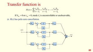 Transfer function is
 H(s) has pole-zero cancellation.
89
n
mn
mn
m
m
n
i i
mi
mi
s
b
c
s
b
c
s
b
c
s
H


 





 


1
1
1
1
)
(
le,
unobservab
or
able
uncontroll
is
mode
0,
or
0
If i


 mi
mi c
b
1

 1
m
c
1
m
b
2

 2
m
c
2
m
b
n

 mn
c
mn
b
∑

)
(t
u
)
(t
y







 
