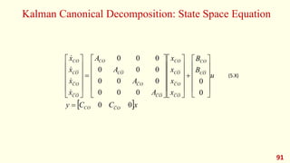 Kalman Canonical Decomposition: State Space Equation
91
 x
C
C
y
u
B
B
x
x
x
x
A
A
A
A
x
x
x
x
O
C
CO
O
C
CO
O
C
O
C
O
C
CO
O
C
O
C
O
C
CO
O
C
O
C
O
C
CO
0
0
0
0
0
0
0
0
0
0
0
0
0
0
0
0























































(5.X)
 