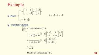 Example
 Plant:
 Transfer Function
94
  B
A
sI
C
s
H
s
U
s
Y 1
)
(
)
(
)
( 



  
 
  
 
 
 
4
1
2
2
2
1
0
4
2
1
1
2
4
1
0
2
1
0
4
2
1



































s
s
s
s
s
s
s
s
s
4
,
2 2
1 


 

 x
y
u
x
x
1
0
1
2
2
1
0
4


















T.F..
in
vanishes
"-2"
Mode
 