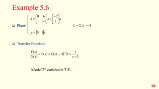 Example 5.6
 Plant:
 Transfer Function
95
u
x
x 














1
2
1
1
6
0

 x
y 1
0

 
3
1
)
(
)
(
)
( 1






s
B
A
sI
C
s
T
s
U
s
Y
T.F..
in
vanishes
"2"
Mode
-3
,
2 2
1 
 

 