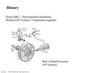 Illustrations
History
Watt’s Flyball Governor
(18th century)
Greece (BC) – Float regulator mechanism
Holland (16th Century)– Temperature regulator
 