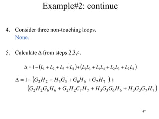47
4. Consider three non-touching loops.
None.
5. Calculate Δ from steps 2,3,4.
   
4
2
3
2
4
1
3
1
4
3
2
1
1 L
L
L
L
L
L
L
L
L
L
L
L 









 
 
7
7
3
3
6
6
3
3
7
7
2
2
6
6
2
2
7
7
6
6
3
3
2
2
1
H
G
G
H
H
G
G
H
H
G
H
G
H
G
H
G
H
G
H
G
G
H
H
G










Example#2: continue
 