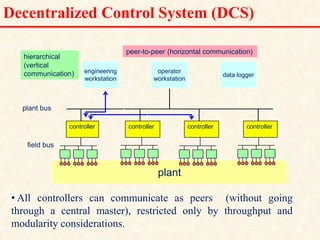 plant
Decentralized Control System (DCS)
engineering
workstation
operator
workstation
data logger
controller controller controller controller
field bus
plant bus
• All controllers can communicate as peers (without going
through a central master), restricted only by throughput and
modularity considerations.
peer-to-peer (horizontal communication)
hierarchical
(vertical
communication)
18/11/2009 10
DCS_18_NOV_2009
 