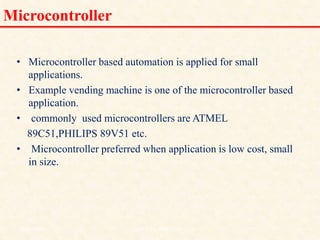 Microcontroller
• Microcontroller based automation is applied for small
applications.
• Example vending machine is one of the microcontroller based
application.
• commonly used microcontrollers are ATMEL
89C51,PHILIPS 89V51 etc.
• Microcontroller preferred when application is low cost, small
in size.
18/11/2009 5
DCS_18_NOV_2009
 