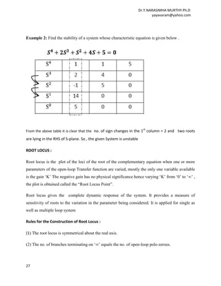 Dr.Y.NARASIMHA MURTHY Ph.D
                                                                            yayavaram@yahoo.com




Example 2: Find the stability of a system whose characteristic equation is given below .




From the above table it is clear that the no. of sign changes in the 1st column = 2 and two roots
are lying in the RHS of S-plane. So , the given System is unstable

ROOT LOCUS :

Root locus is the plot of the loci of the root of the complementary equation when one or more
parameters of the open-loop Transfer function are varied, mostly the only one variable available
is the gain „K‟ The negative gain has no physical significance hence varying „K‟ from „0‟ to „∞‟ ,
the plot is obtained called the “Root Locus Point”.

Root locus gives the complete dynamic response of the system. It provides a measure of
sensitivity of roots to the variation in the parameter being considered. It is applied for single as
well as multiple loop system

Rules for the Construction of Root Locus :

(1) The root locus is symmetrical about the real axis.

(2) The no. of branches terminating on „∞‟ equals the no. of open-loop pole-zeroes.



27
 