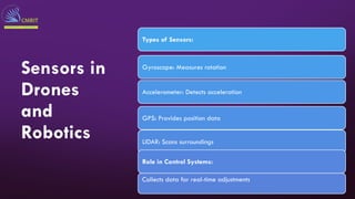 Sensors in
Drones
and
Robotics
Types of Sensors:
Gyroscope: Measures rotation
Accelerometer: Detects acceleration
GPS: Provides position data
LIDAR: Scans surroundings
Role in Control Systems:
Collects data for real-time adjustments
 