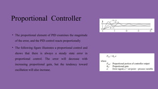 Proportional Controller
• The proportional element of PID examines the magnitude
of the error, and the PID control reacts proportionally
• The following figure illustrates a proportional control and
shows that there is always a steady state error in
proportional control. The error will decrease with
increasing proportional gain, but the tendency toward
oscillation will also increase.
 