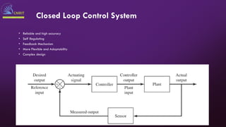 Closed Loop Control System
• Reliable and high accuracy
• Self Regulating
• Feedback Mechanism
• More Flexible and Adaptability
• Complex design
 