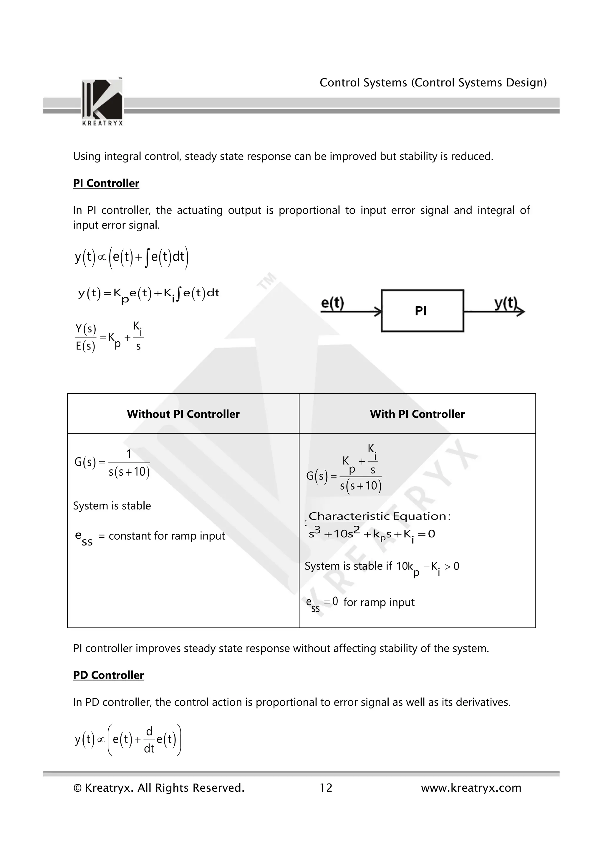 Control Systems (Control Systems Design)
© Kreatryx. All Rights Reserved. 12 www.kreatryx.com
Using integral control, steady state response can be improved but stability is reduced.
PI Controller
In PI controller, the actuating output is proportional to input error signal and integral of
input error signal.
     
 
y t e t e t dt
  
     
y t K e t K e t dt
p i
  
 
 
K
Y s i
K
p
E s s
 
Without PI Controller With PI Controller
 
 
1
G s
s s 10


System is stable
e
ss = constant for ramp input
 
 
K
i
K
p s
G s
s s 10



:
p
Characteristic Equation:
3 2
s 10s k s K 0
i
   
System is stable if 10k K 0
p i
 
e 0
ss
 for ramp input
PI controller improves steady state response without affecting stability of the system.
PD Controller
In PD controller, the control action is proportional to error signal as well as its derivatives.
     
d
y t e t e t
dt
 
 
 
 
 
