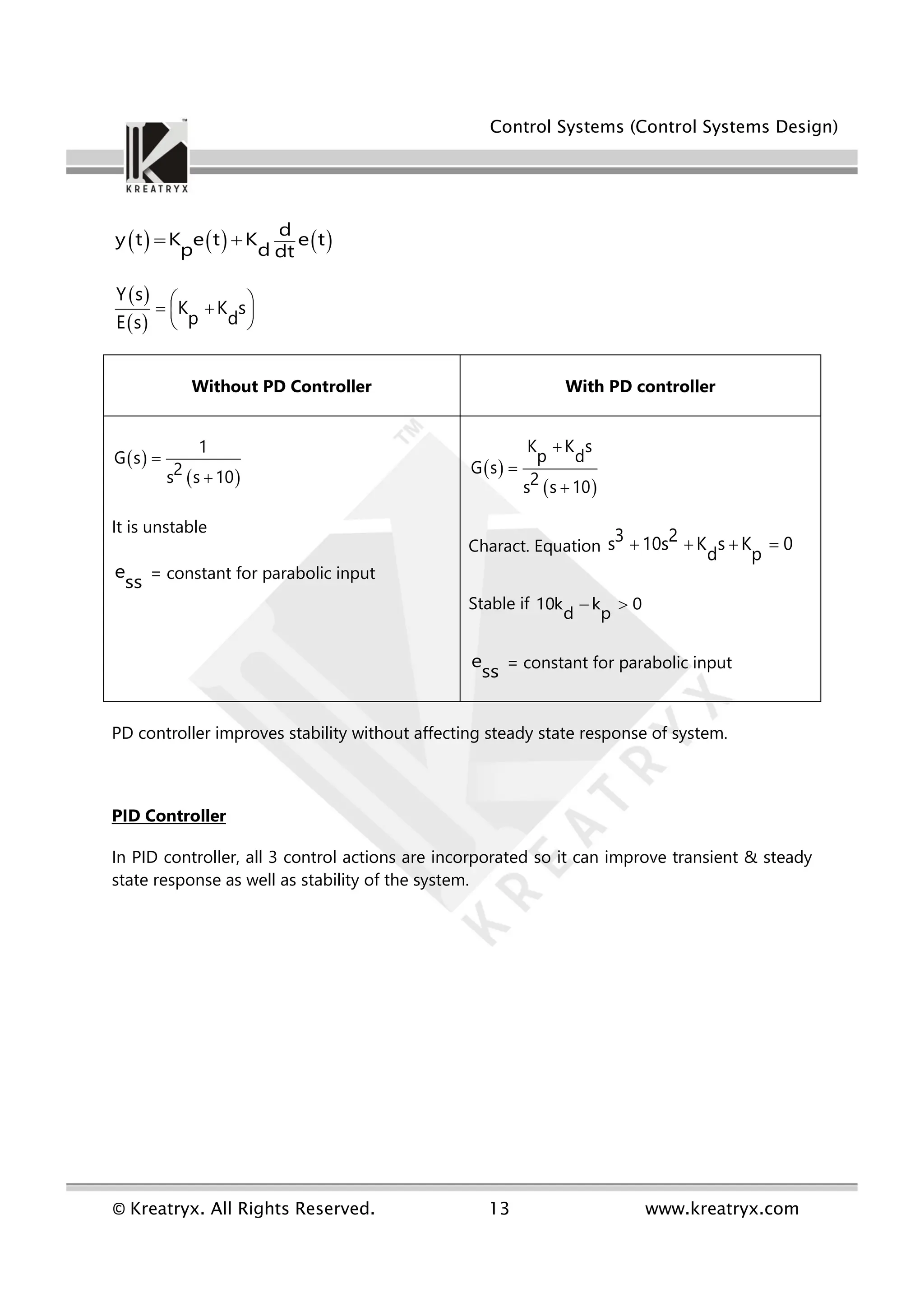 Control Systems (Control Systems Design)
© Kreatryx. All Rights Reserved. 13 www.kreatryx.com
     
d
y t K e t K e t
p d dt
 
 
 
Y s
K K s
p d
E s
 
 
 
 
Without PD Controller With PD controller
 
 
1
G s
2
s s 10


It is unstable
e
ss = constant for parabolic input
 
 
K K s
p d
G s
2
s s 10



Charact. Equation
3 2
s 10s K s K 0
d p
   
Stable if 10k k 0
d p
 
e
ss = constant for parabolic input
PD controller improves stability without affecting steady state response of system.
PID Controller
In PID controller, all 3 control actions are incorporated so it can improve transient & steady
state response as well as stability of the system.
 
