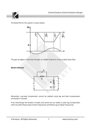 Control Systems (Control Systems Design)
© Kreatryx. All Rights Reserved. 7 www.kreatryx.com
The Bode Plot for this system is shown below:
The gain at edges is more than the gain at middle of band so it acts as Band Stop Filter.
Electric Network
Remember, Lag-Lead compensator cannot be realized using lag and lead compensators
connected in cascade.
If we interchange the location of poles and zeroes we can realize a Lead-Lag Compensator
which provides Phase Lead at lower frequencies and Phase Lag at higher frequencies.
 