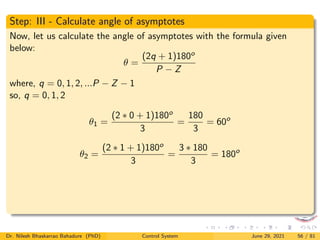 Step: III - Calculate angle of asymptotes
Now, let us calculate the angle of asymptotes with the formula given
below:
θ =
(2q + 1)180o
P − Z
where, q = 0, 1, 2, ...P − Z − 1
so, q = 0, 1, 2
θ1 =
(2 ∗ 0 + 1)180o
3
=
180
3
= 60o
θ2 =
(2 ∗ 1 + 1)180o
3
=
3 ∗ 180
3
= 180o
Dr. Nilesh Bhaskarrao Bahadure (PhD) Control System June 29, 2021 56 / 81
 