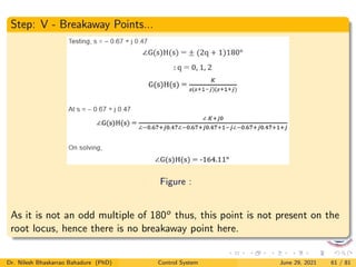 Step: V - Breakaway Points...
Figure :
As it is not an odd multiple of 180o thus, this point is not present on the
root locus, hence there is no breakaway point here.
Dr. Nilesh Bhaskarrao Bahadure (PhD) Control System June 29, 2021 61 / 81
 