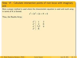 Step: VI - Calculate intersection points of root locus with imaginary
axis
Here a proper method is used where the characteristic equation is used and routh array
in terms of K is formed.
s3
+ 2s2
+ 2s + K = 0
Thus, the Rouths Array:
s3
1 2
s2
2 K
s1 4−K
2
0
s0
K
Dr. Nilesh Bhaskarrao Bahadure (PhD) Control System June 29, 2021 62 / 81
 